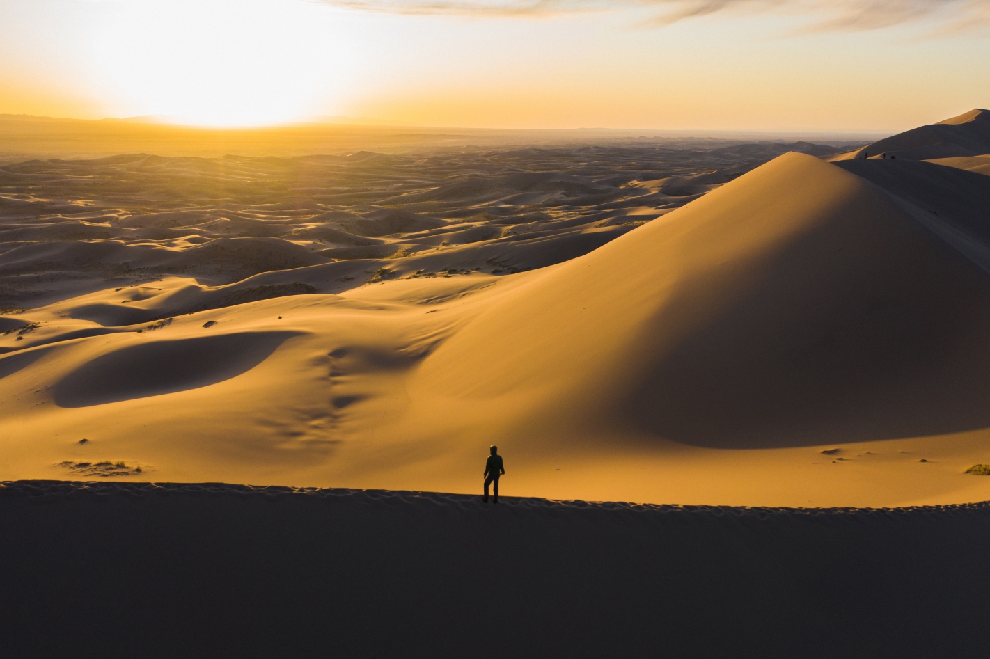 Aerial view of man standing and looking at Gobi Desert at sunset | Mongolia