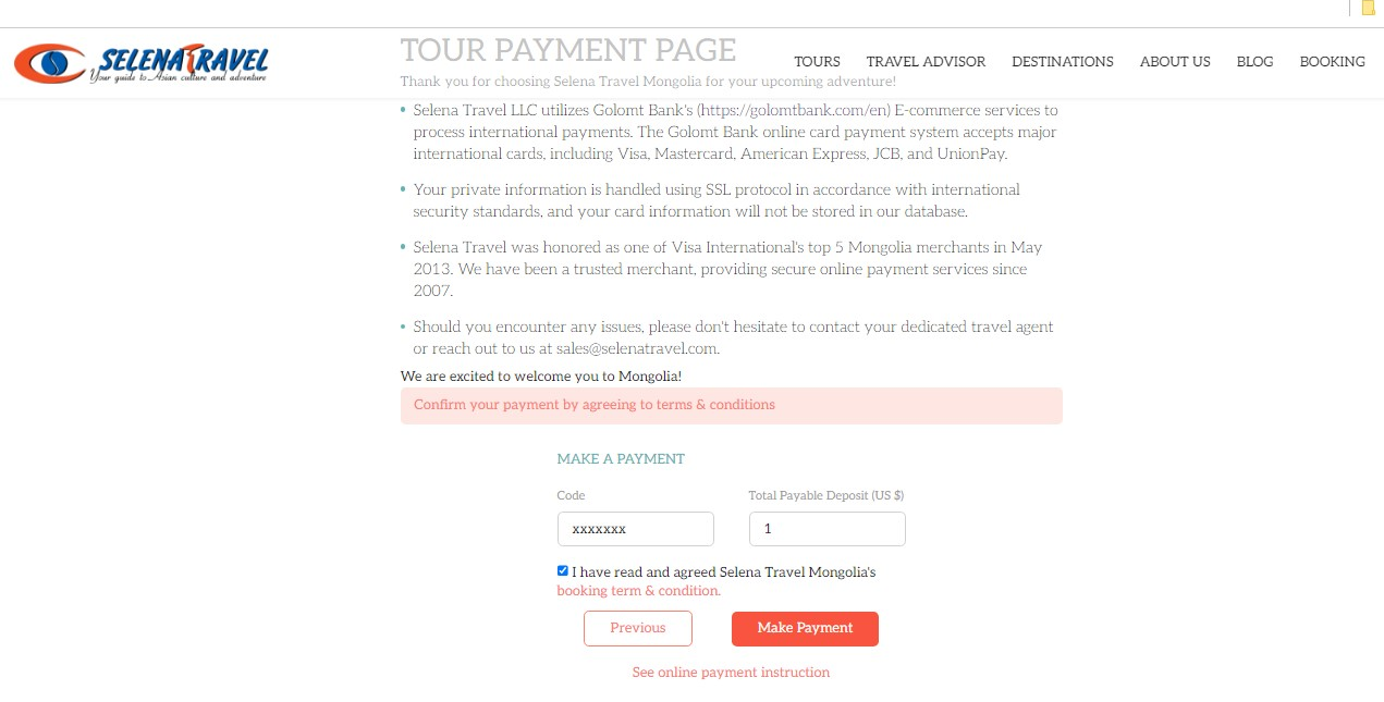 Payment instructions Selena Travel Mongolia