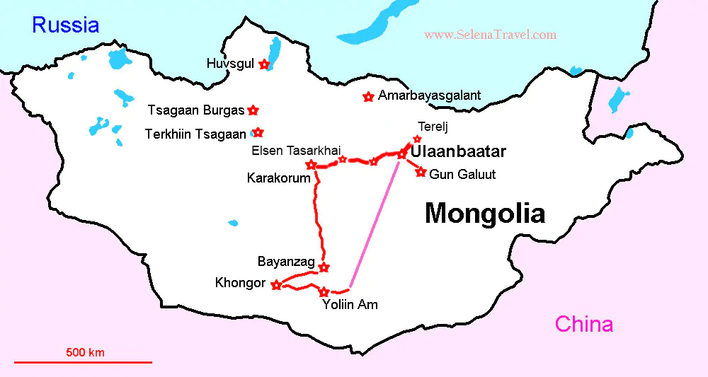 Gobi desert and Karakorum Mongolia tour map